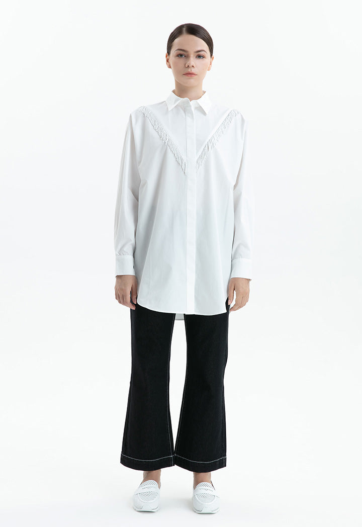 Choice V Front Fringes Solid Shirt Off White