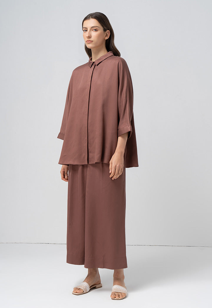 Choice Solid Kimono Sleeves Shirt Brown