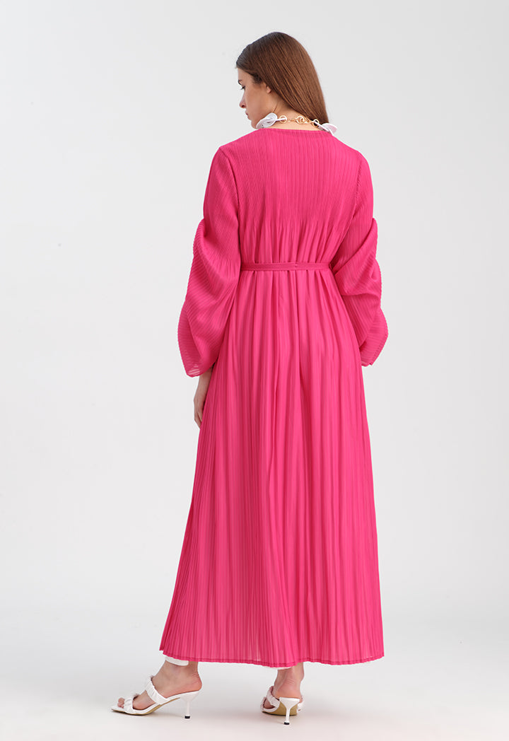 Choice All Over Pleated Solid Long Kimono Fushia