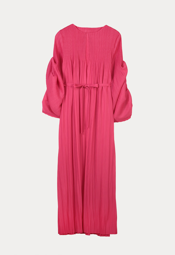 Choice All Over Pleated Solid Long Kimono Fushia