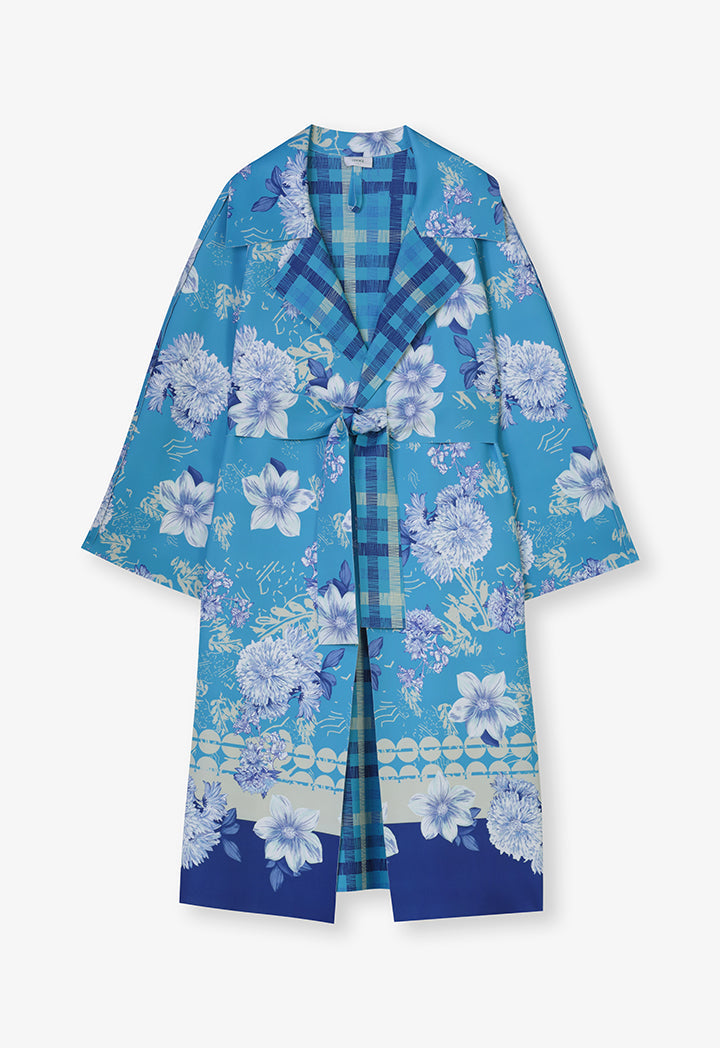 Choice Floral Printed Outerwear With Belt Blue