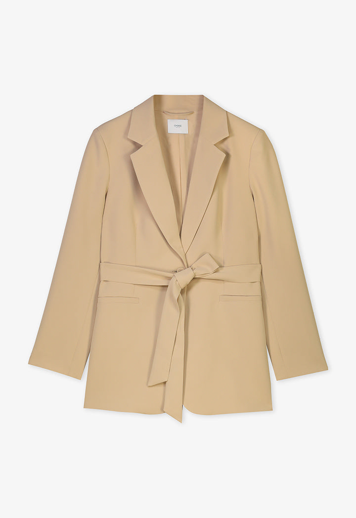 Choice Solid Notched Collar Belted Blazer Beige