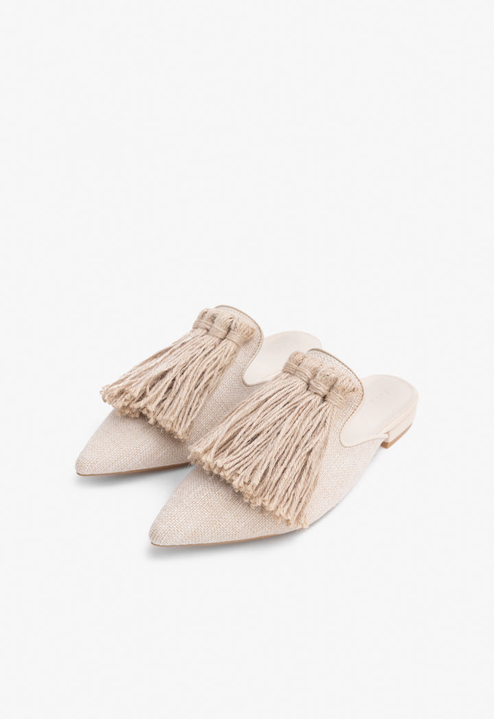 Choice Pointed Toe Tassel Mules Light Beige