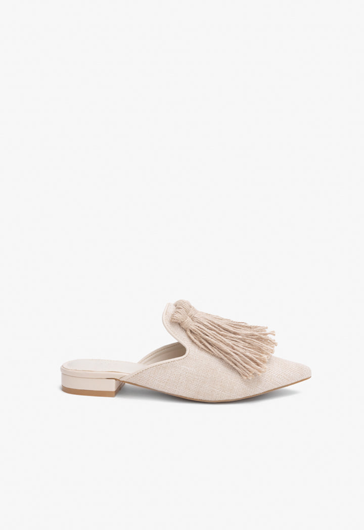 Choice Pointed Toe Tassel Mules Light Beige