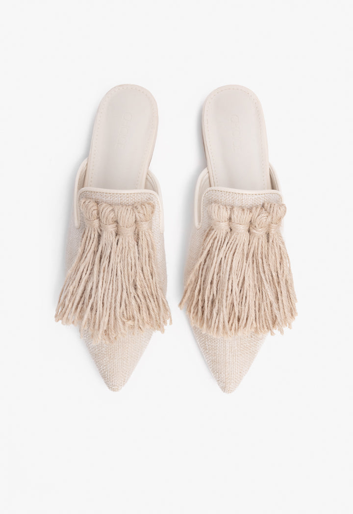 Choice Pointed Toe Tassel Mules Light Beige