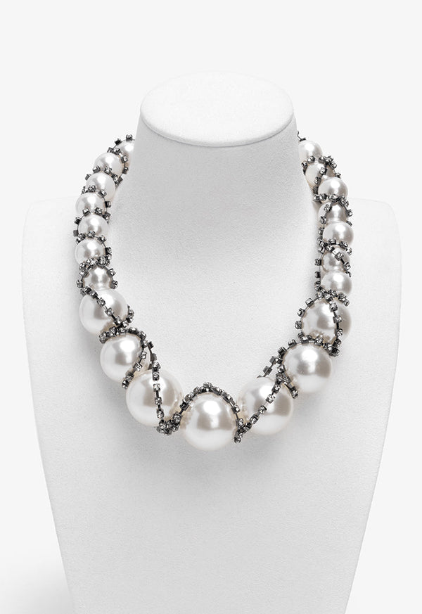 Choice Crystal Wrapped Faux Pearls Necklace Off White