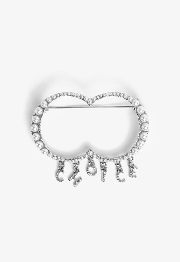 Choice Crystal And Faux Pearls Embellished Brooch Silver