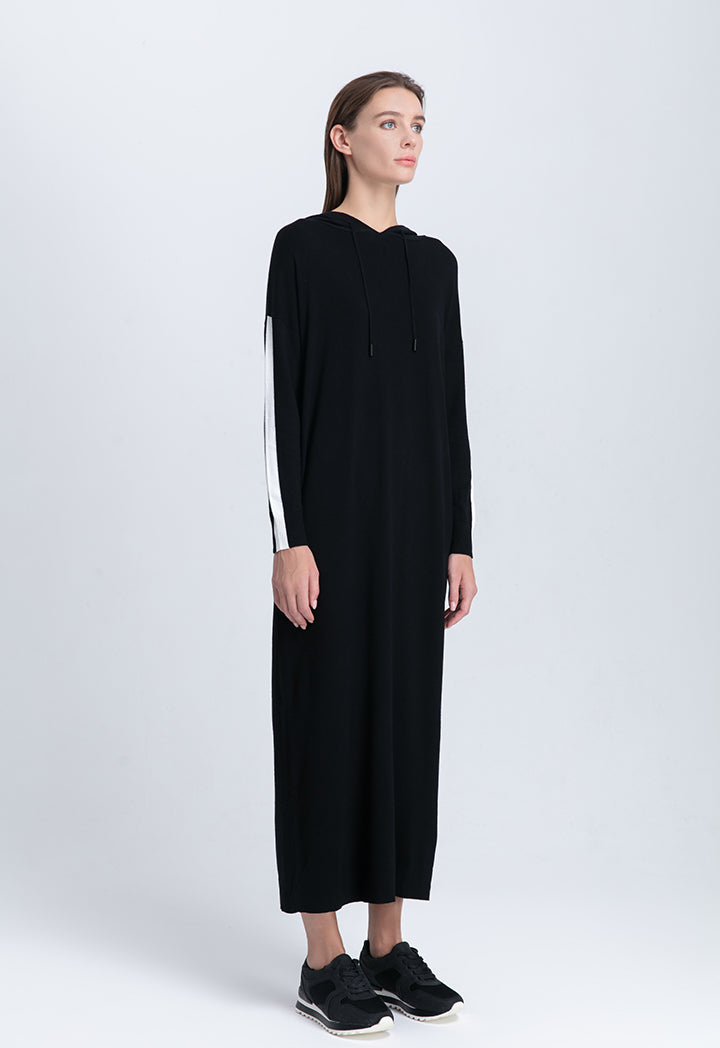 Choice Drawstring Hoodie Knitted Maxi Dress Black