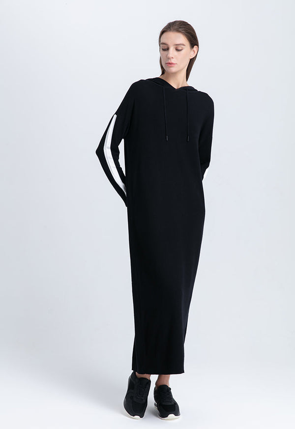 Choice Drawstring Hoodie Knitted Maxi Dress Black