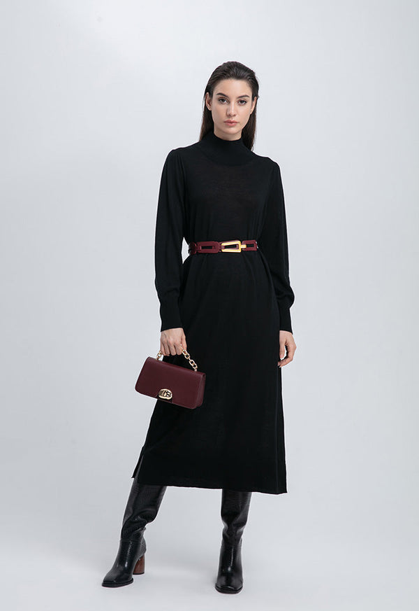 Choice Solid Color Knitted Turtle Neck Dress Black