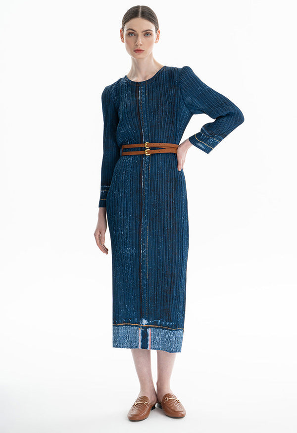 Choice Denim Stitched Detail Midi Dress Navy