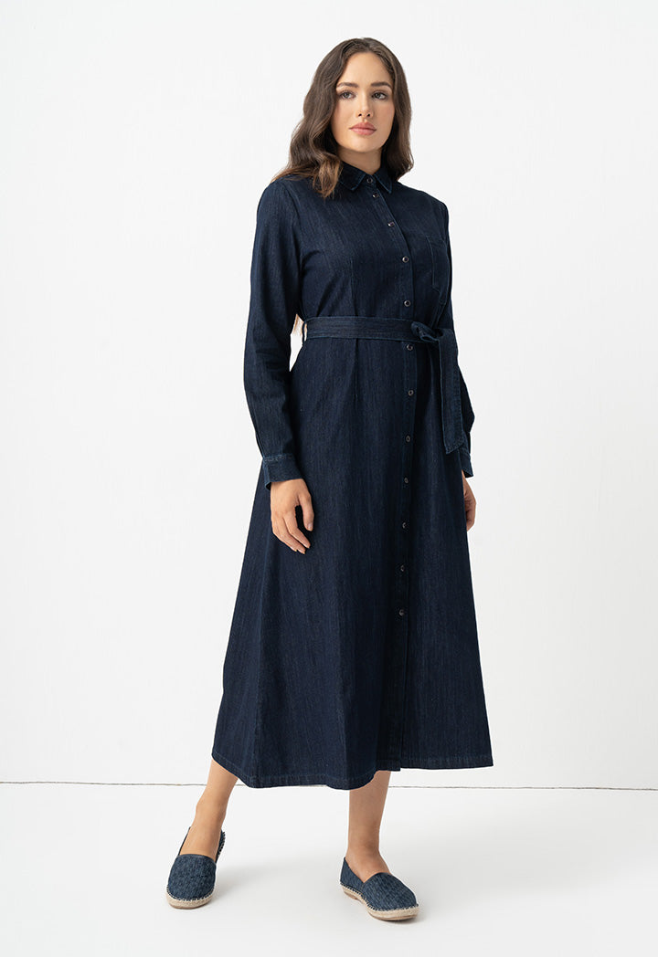 Choice Long Sleeves Denim Belted Shirt Dress Denim Blue