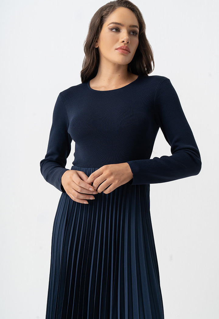 Choice Pleated Solid Long Sleeve Dress Navy