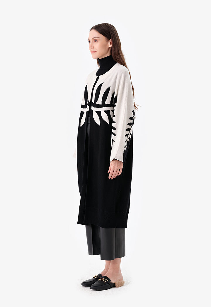 Choice Leaf Pattern Long Cardigan Black