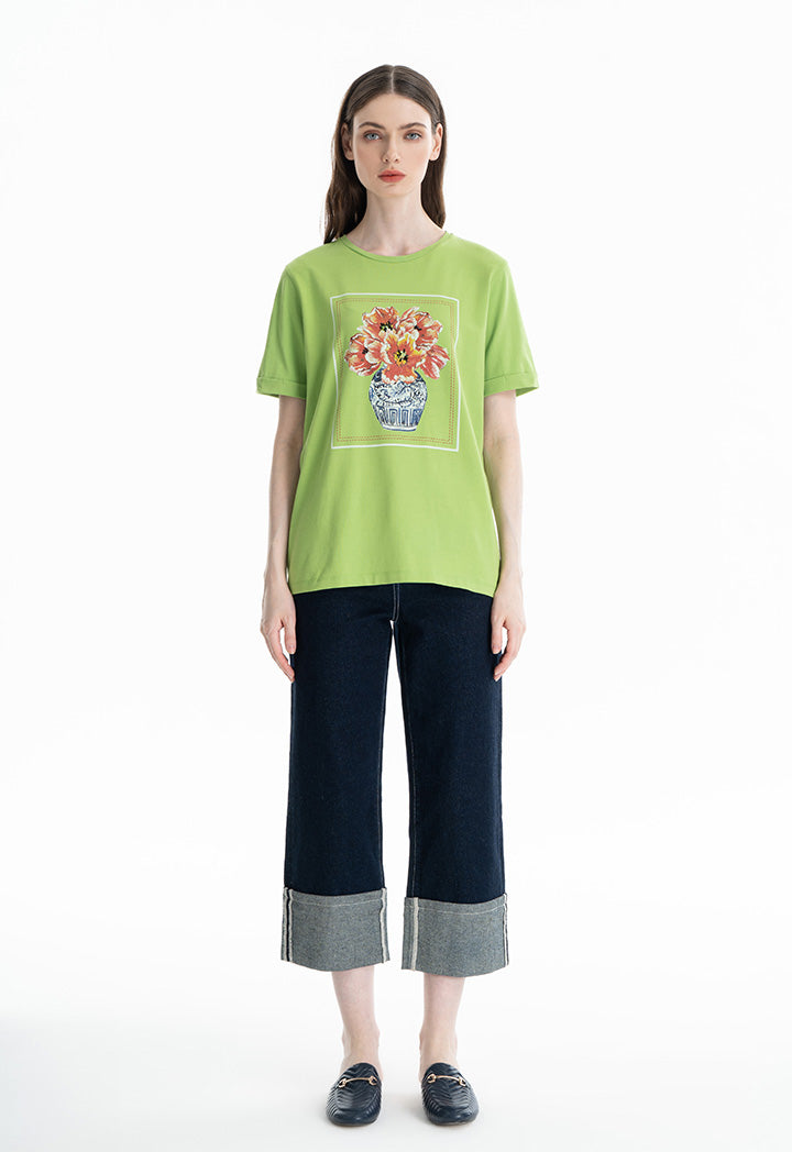 Choice Square Floral Printed T-Shirt Green