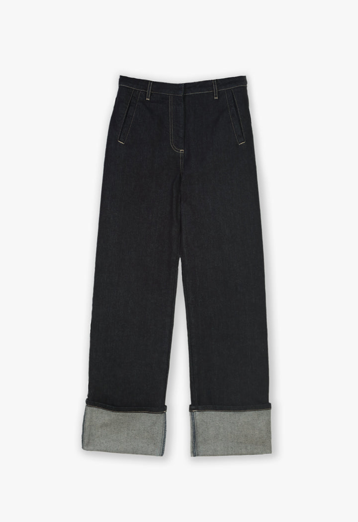 Choice Folded Hem Denim Pants Navy