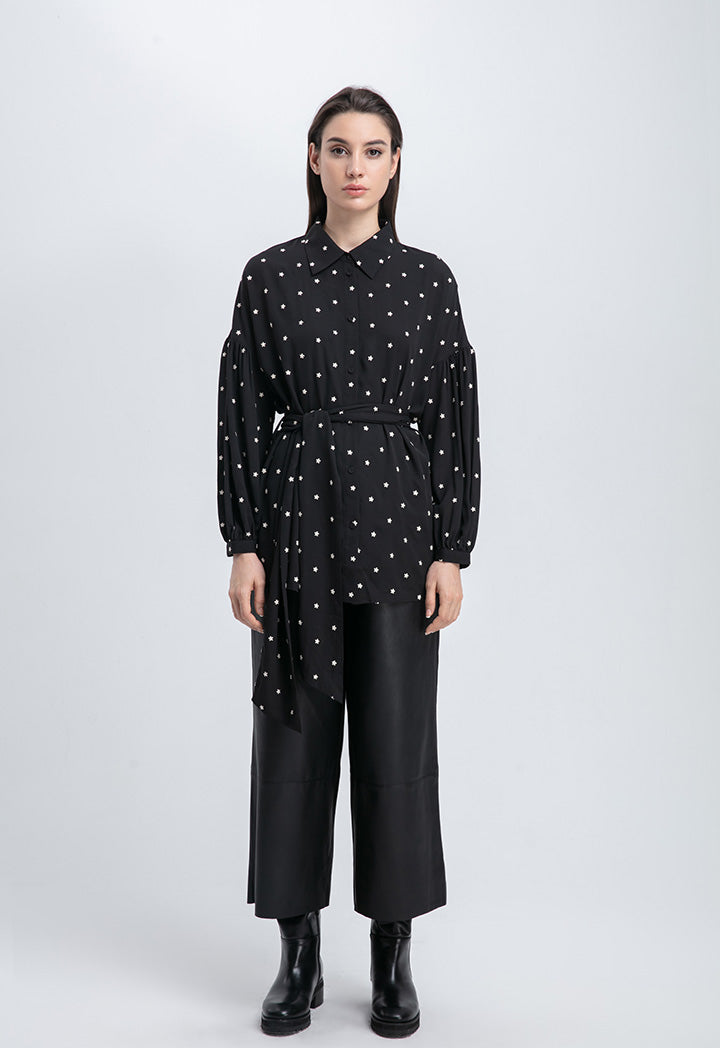 Choice Flower Embroidered Georgette Button Down Blouse Black