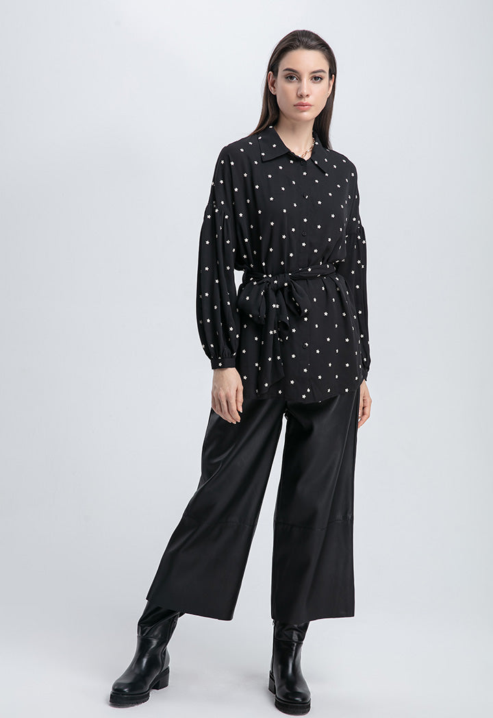 Choice Flower Embroidered Georgette Button Down Blouse Black