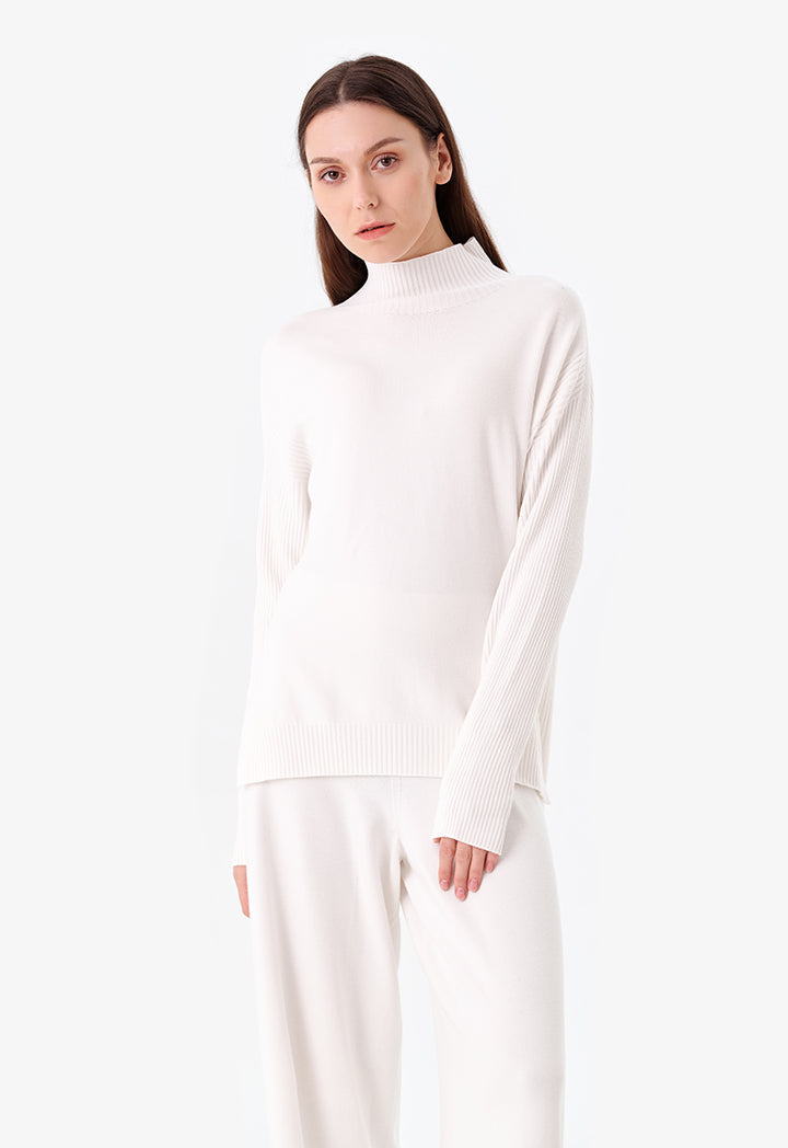 Choice High Neck Ribbed Knitted Top Offwhite