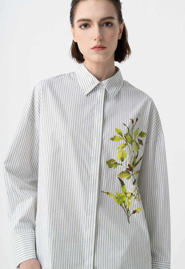 Choice Striped Floral Printed Shirt Off White