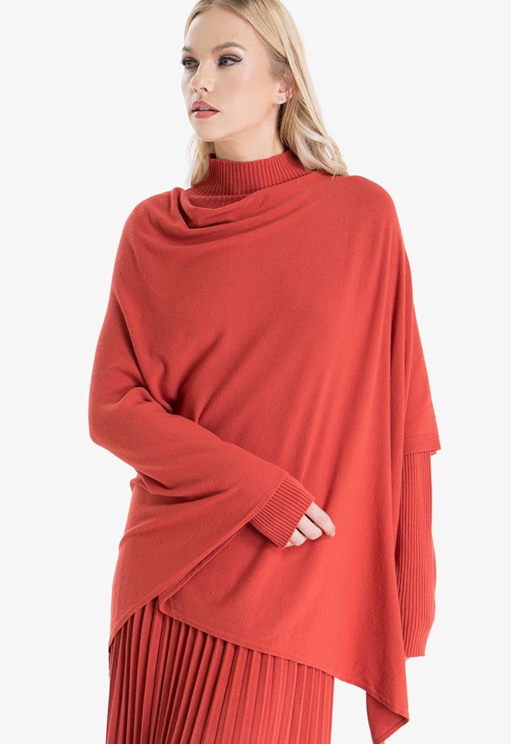 Choice Asymmetrical Hem Knitted Poncho Red