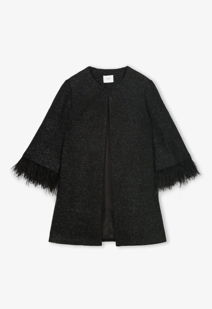 Choice Tweed Lurex Feather Midi Jacket Black