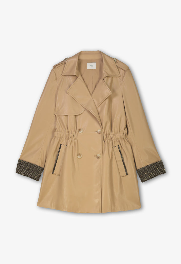 Choice Single Tone Double Breasted Leather Coat Light Camel