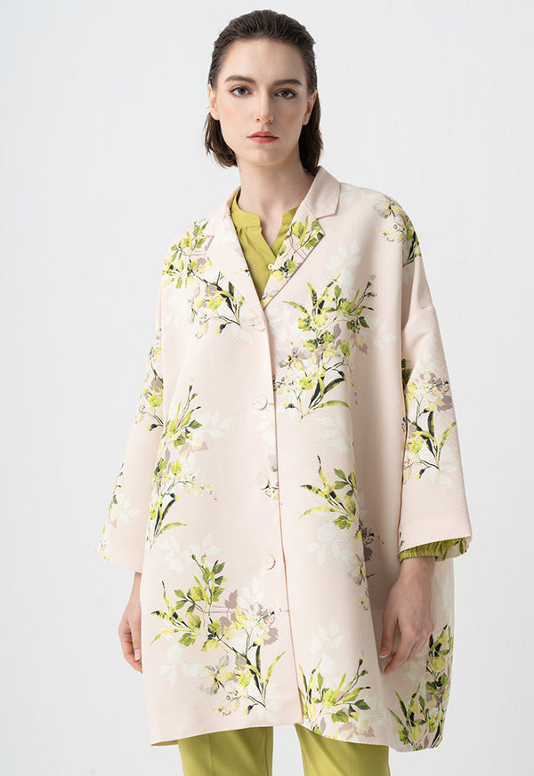 Choice Floral Printed Embellished Crystal Midi Coat Cream