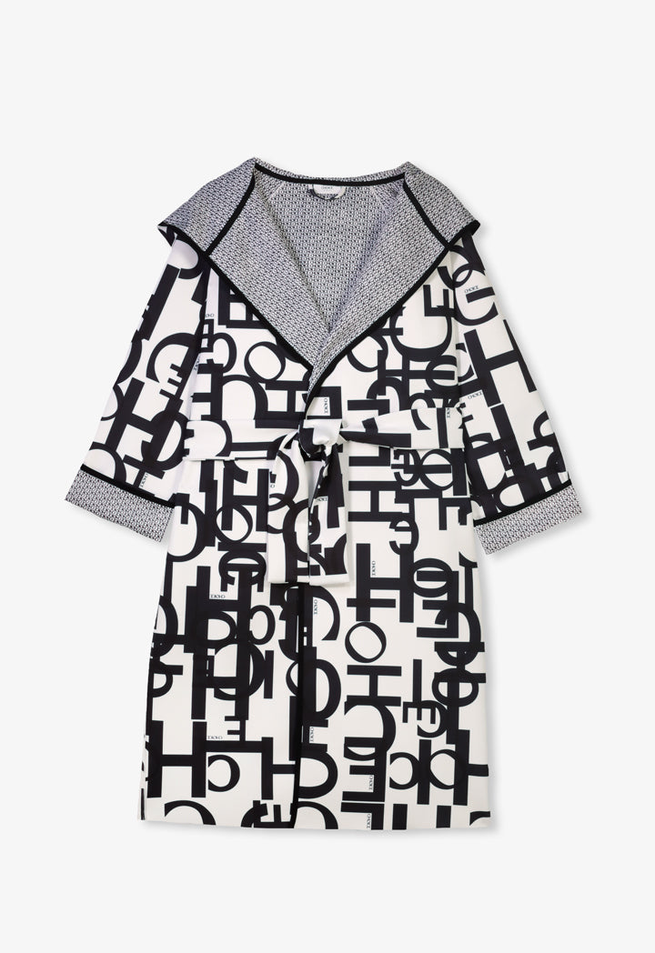 Choice Printed Monogram Belted Midi Coat Black-White