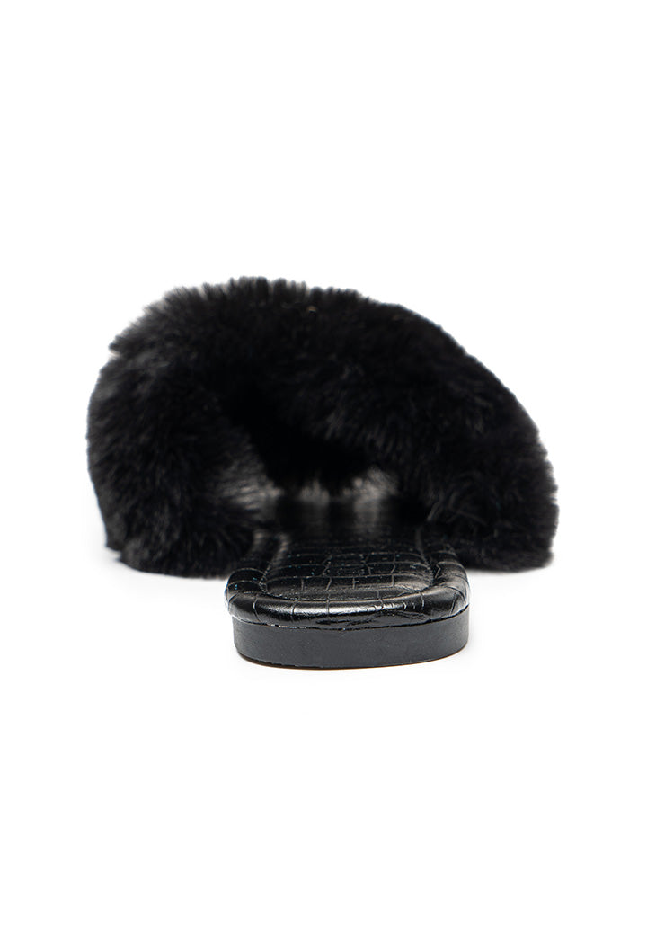 Choice Fluffy Faux Fur Chain Sandal Black