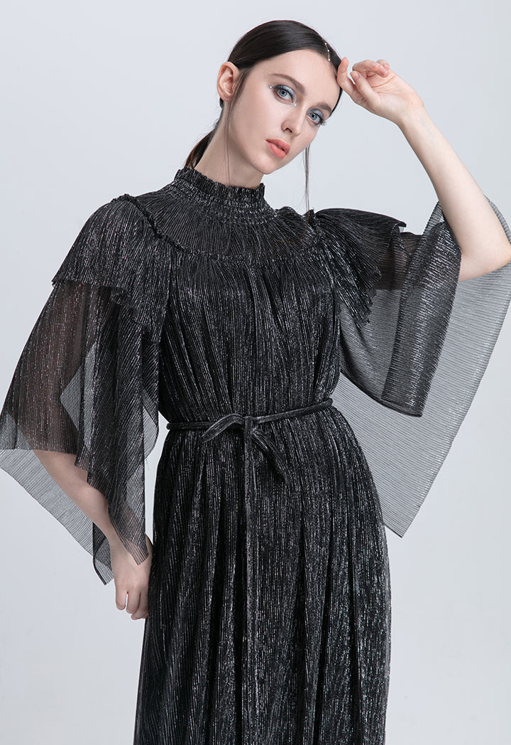 Choice Smocked Neck Ruffle Lurex Maxi Dress Black