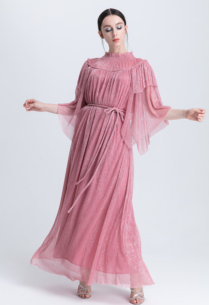 Choice Smocked Neck Ruffle Lurex Maxi Dress Pink