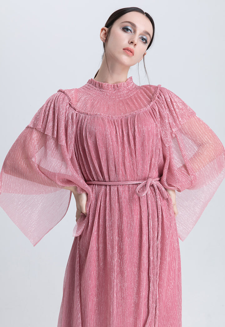 Choice Smocked Neck Ruffle Lurex Maxi Dress Pink