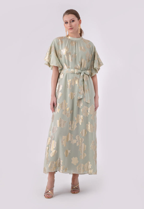 Choice Lurex Jacquard Flounce Sleeve Maxi Dress Green