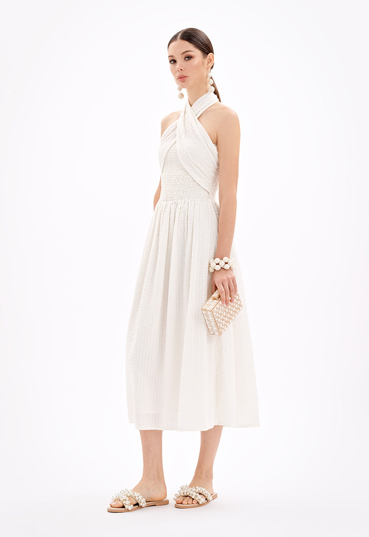 Choice Sleeveless Halter Neck Textured Midi Dress-Ramadan Style Off White