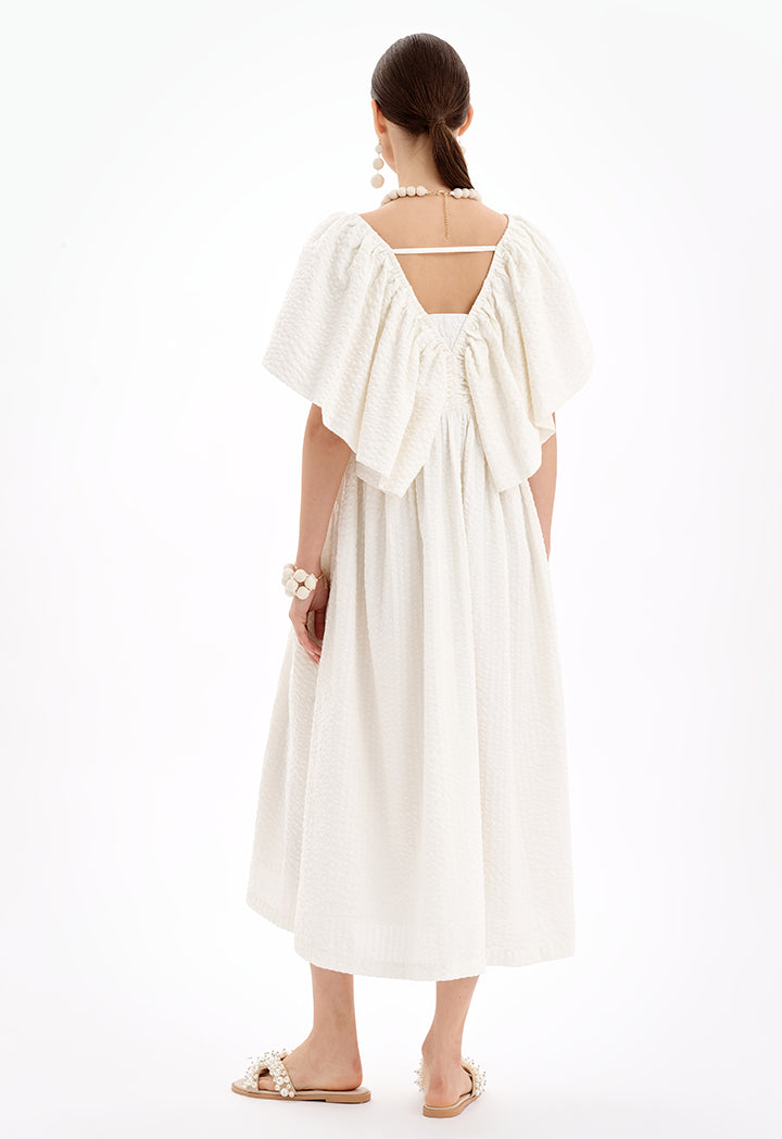 Choice Solid Textured Midi Dress With Cape Sleeves-Ramadan Style Off White