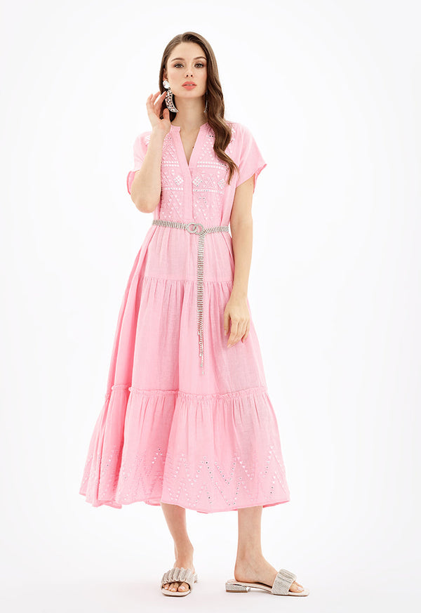 Choice Multi Tiered Embroidered Maxi Dress-Ramadan Style Pink