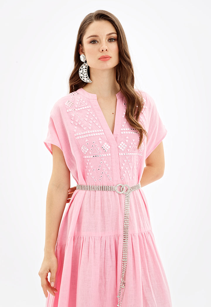 Choice Multi Tiered Embroidered Maxi Dress-Ramadan Style Pink