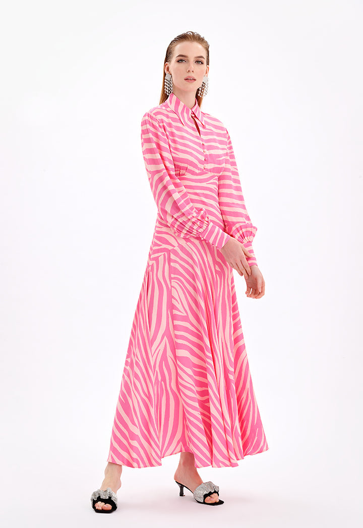 Choice Sleeved Collared Tiered Printed Dress-Ramadan Style Fuchsia/Light Pink