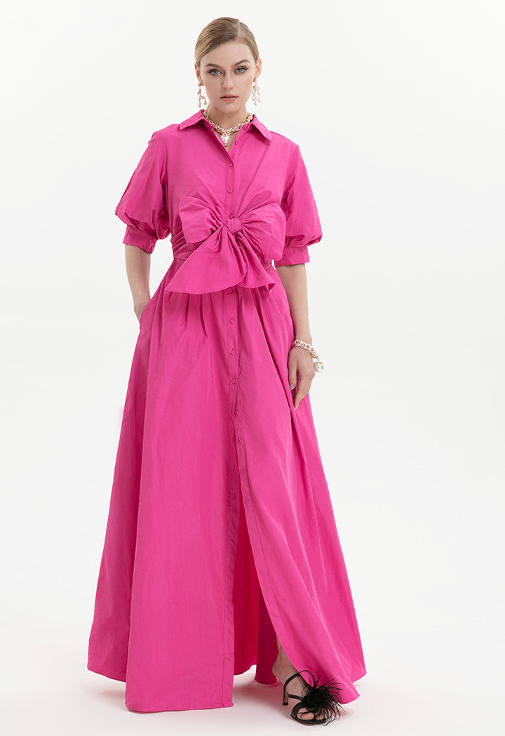 Choice Waist Detailed Shirt Dress Fushia