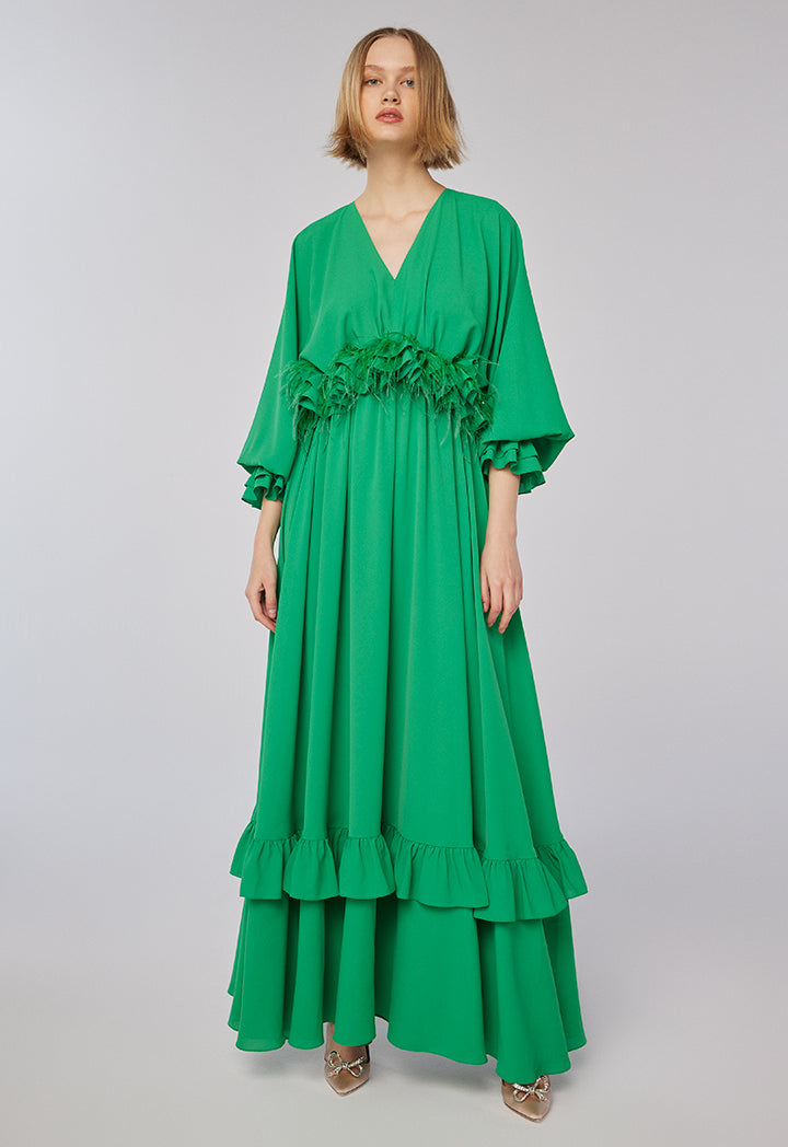 Choice Ruffle Fringe Tiered Solid Dress Green