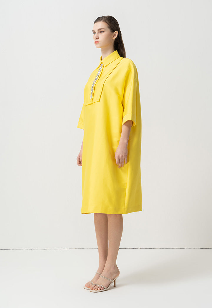 Choice Shirt Collar Embellished Crystal Dress Yellow