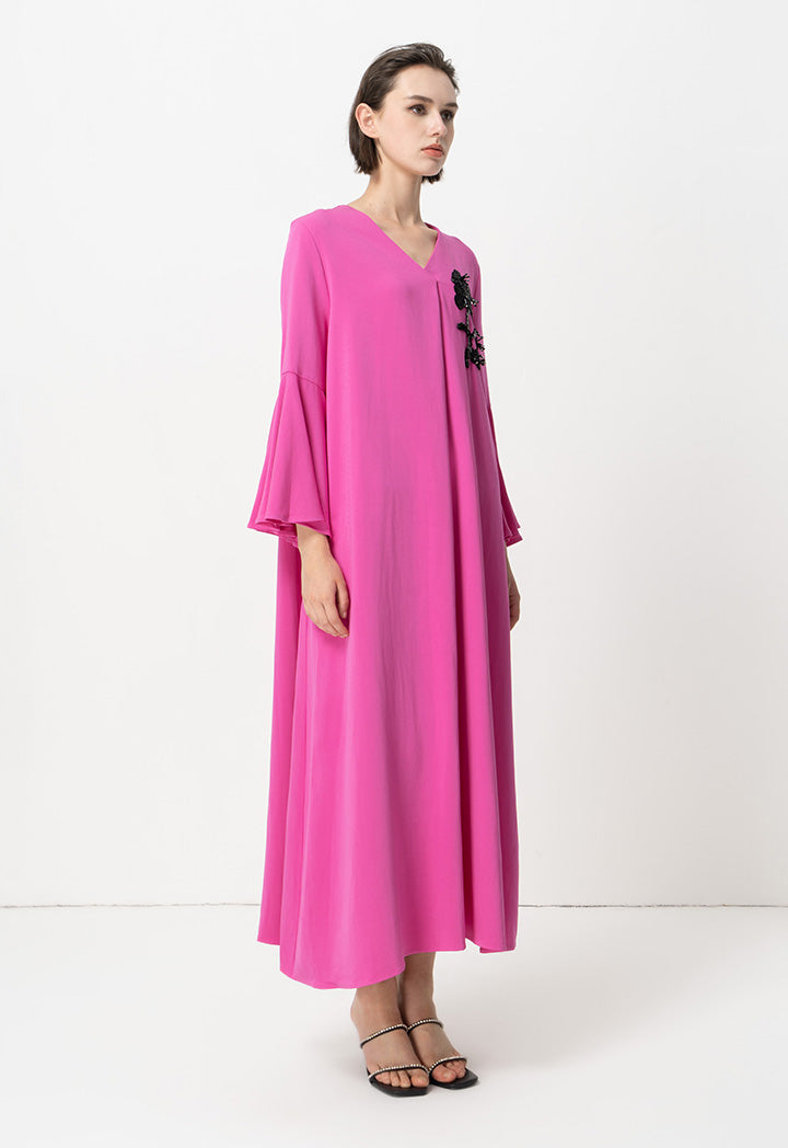 Choice Solid Oversize Embellished Beaded Patch Dress Fushia