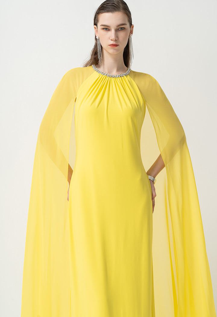 Choice Round Neck Embellished Rhinestone Maxi Dress Yellow