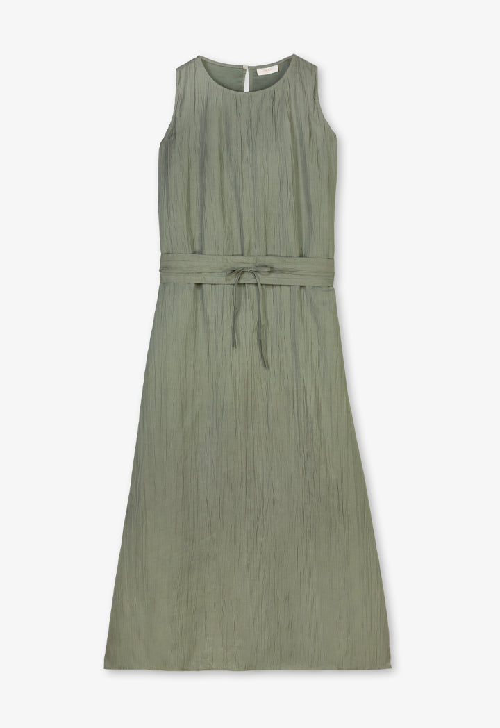 Choice Sleeveless Pleated Basic Belted Dress - Ramadan Style Light Khaki