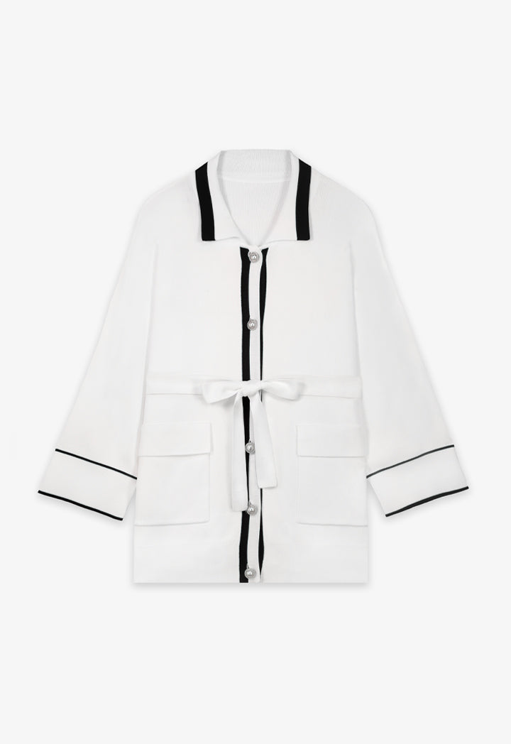 Choice Contrast Knitted Belted Cardigan Off White