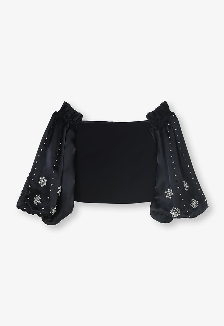 Choice Crystal Embellished Off Shoulder Crop Party Blouse  Black