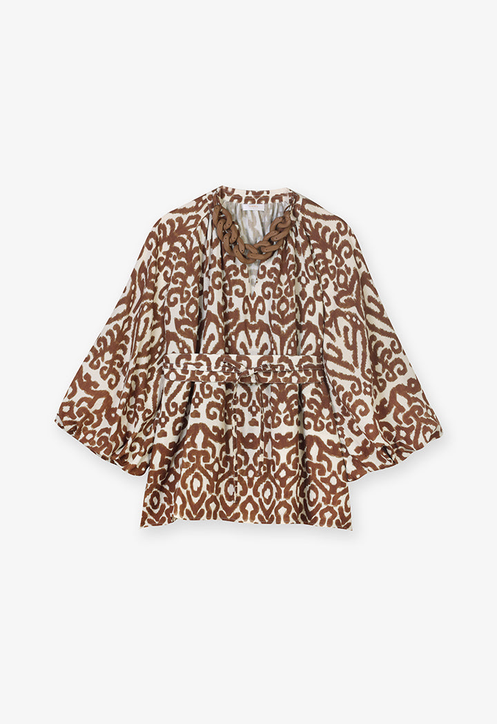 Choice Patterned Blouse With Chain Collar Brown