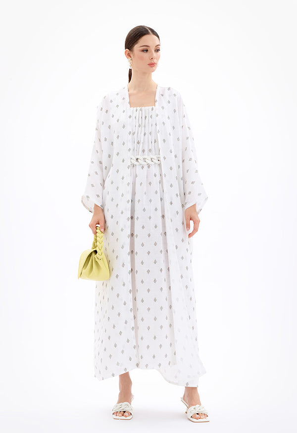 Choice Maxi Open Front Printed Kimono With Chunky Belt-Ramadan Style Off White