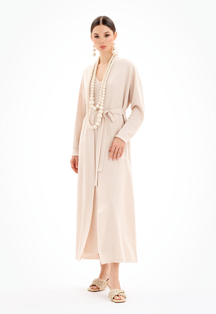 Choice Solid Open Knitted Cardigan With Belt Cream-Off White